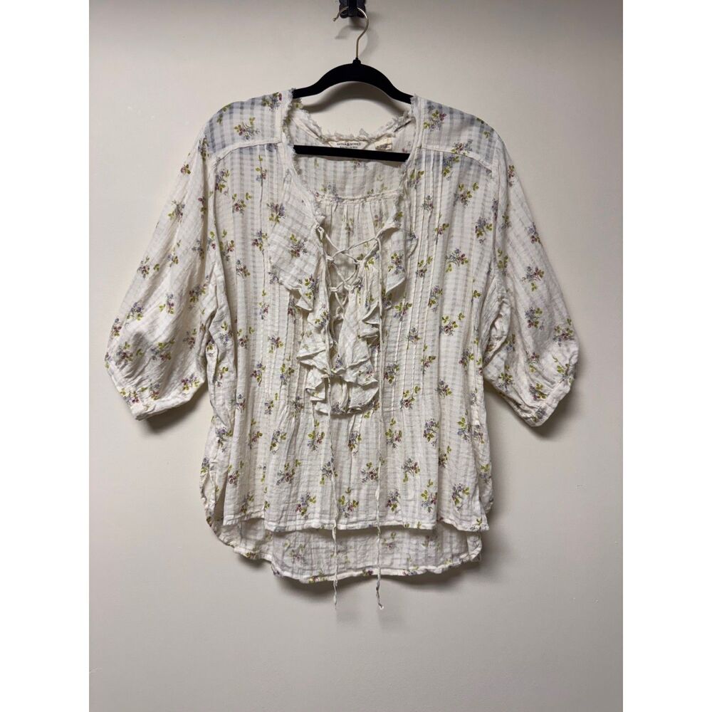 RALPH LAUREN DENIM & SUPPLY Floral Lace Up Peasant Blouse Ruffles, Sz L